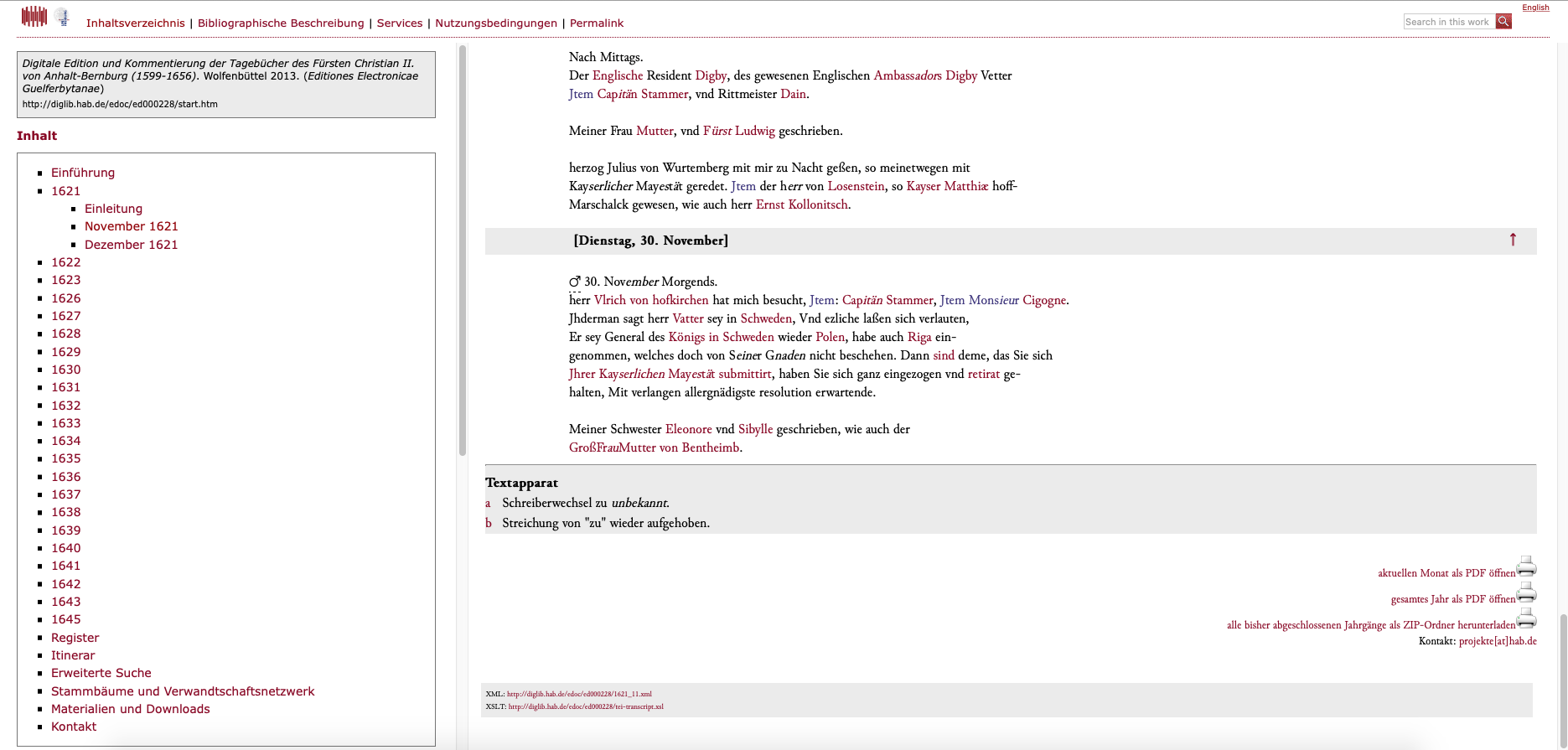 Textkritischer Apparat und Downloadmöglichkeiten (Textansicht rechts unten: PDF-Download, Textansicht links unten: Verlinkung zu XML- und XSLT-Dateien)