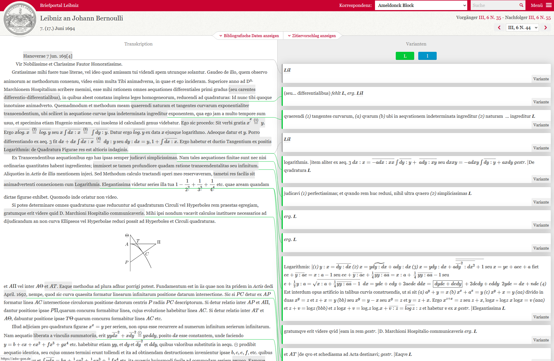 Leseansicht im Briefportal Leibniz mit Brieftext und Variantenapparat.