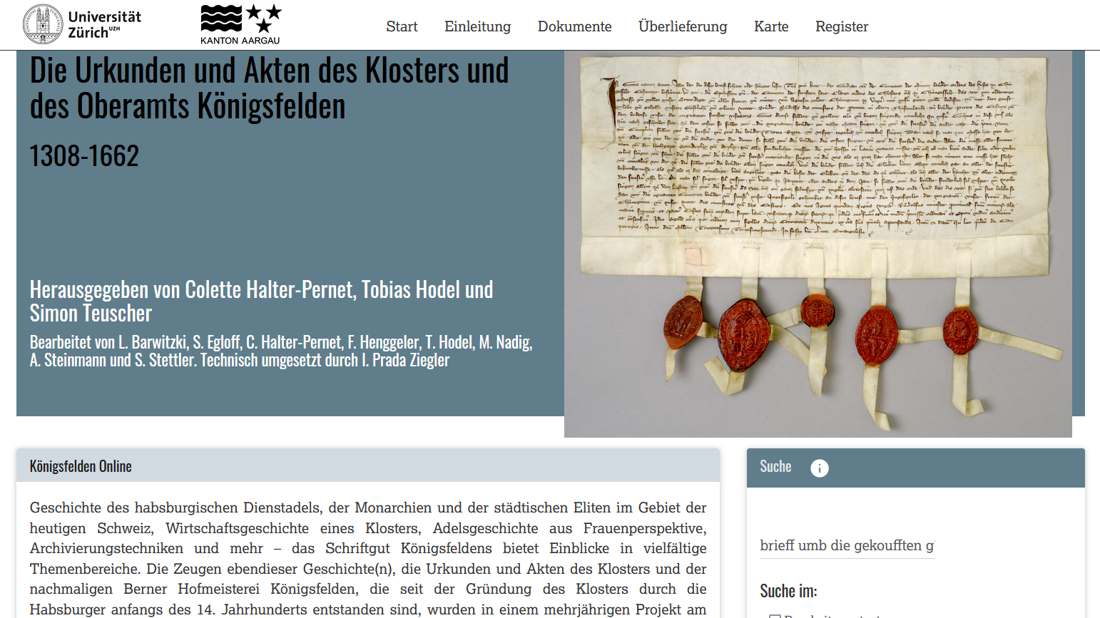 Homepage of the digital edition (https://www.koenigsfelden.uzh.ch).