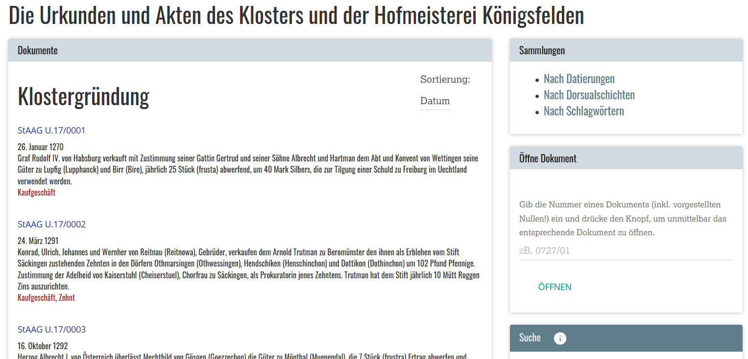Initial view of the documents. Documents are identified by shelfmark, date, short summaries, and keywords (https://www.koenigsfelden.uzh.ch/exist/apps/ssrq/documents.html).