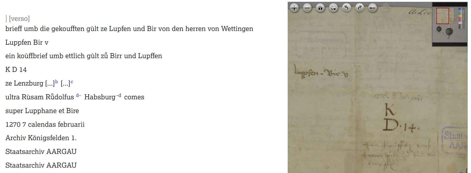 The backside of a facsimile of the text-image synopsis showing the “Dorsualnotizen” (https://www.koenigsfelden.uzh.ch/exist/apps/ssrq/docs/U-17_0001.xml).