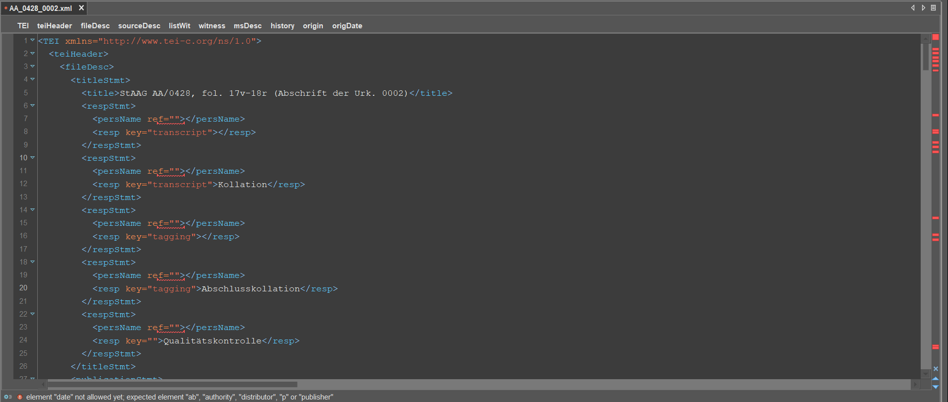 Snapshot of a TEI file after downloading it from Zenodo. (AA_0428_0002.xml from https://zenodo.org/record/5179361, accessed 20.12.2022).