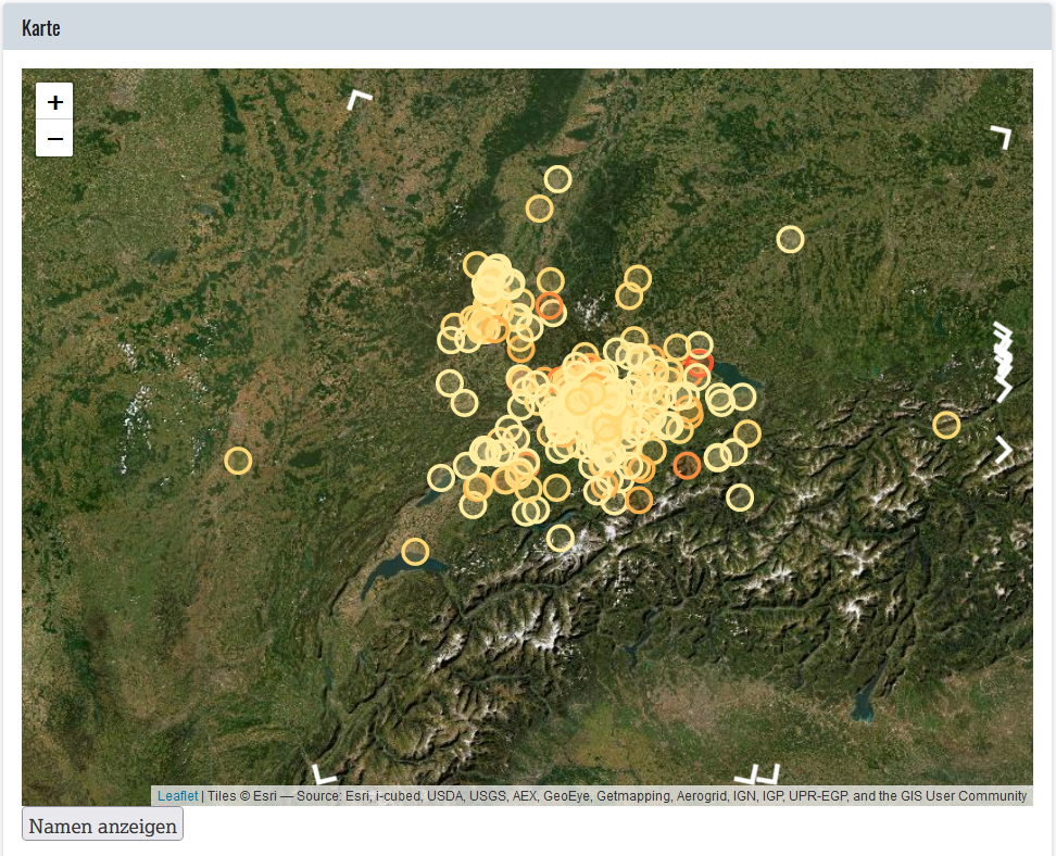 Documents displayed applying the map view. Click to list all documents linked to this location on the right side of the map (https://www.koenigsfelden.uzh.ch/exist/apps/ssrq/map2.html).