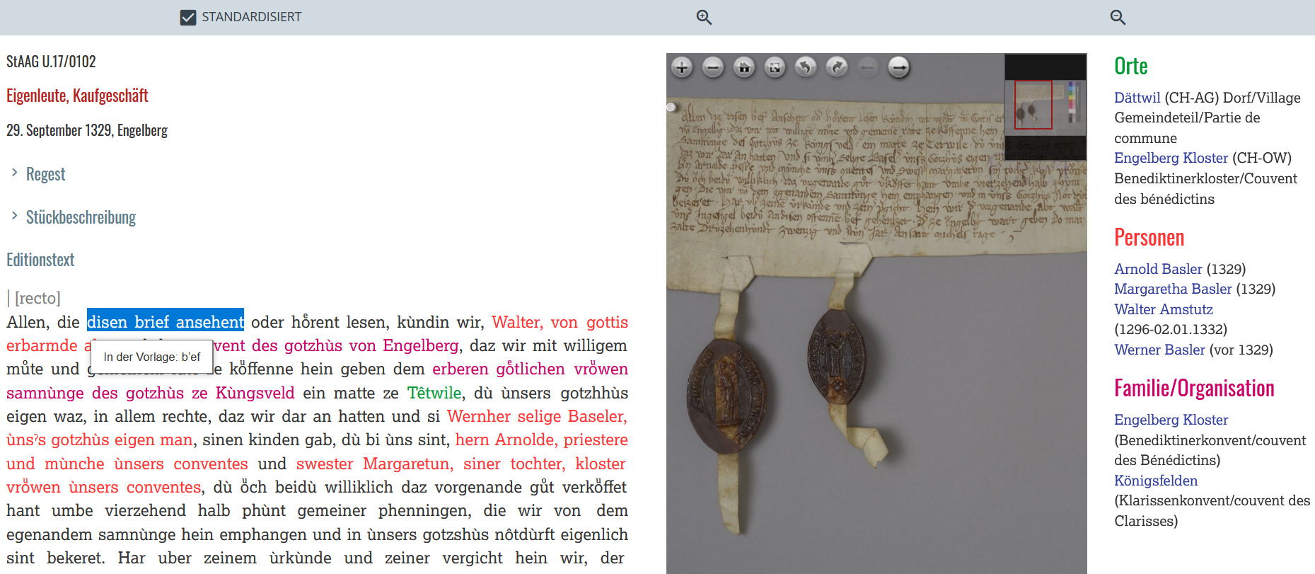 Detailed view of a document with the “standardized” selected view showing the normalized text. All annotations are coloured (https://www.koenigsfelden.uzh.ch/exist/apps/ssrq/docs/U-17_0102.xml?odd=ssrq-norm.odd).