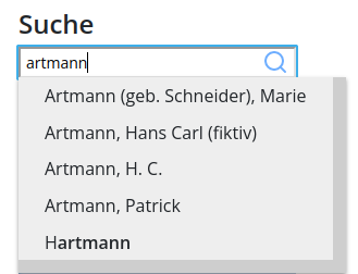 Suche mit Vorschlag beim Tippen im Personenregister.
