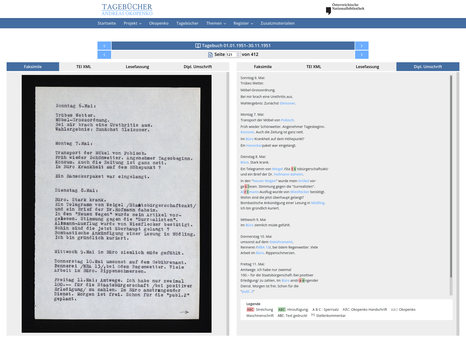 Synoptische Ansicht mit Faksimile auf der linken Seite und zugehöriger diplomatischer Umschrift auf der rechten Seite.