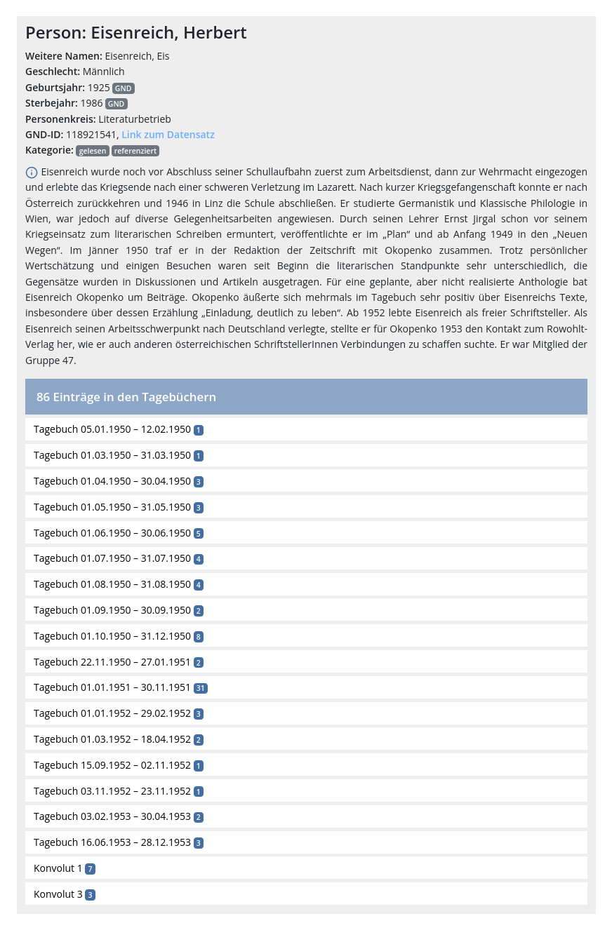 Angaben zu einer Person im Personenregister.