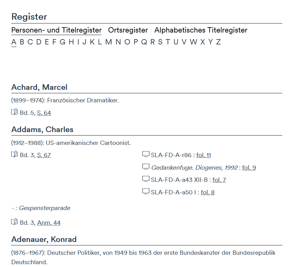 Drei Register stehen innerhalb des Stoffe-Projekts zur Verfügung.