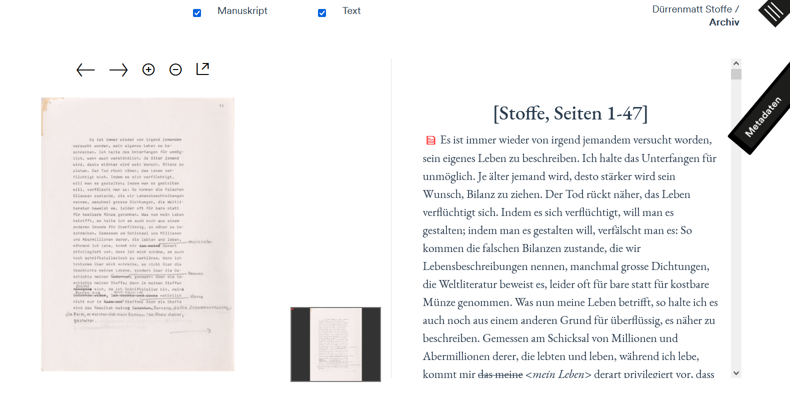 Text- und Bildansicht innerhalb des Archivs.
