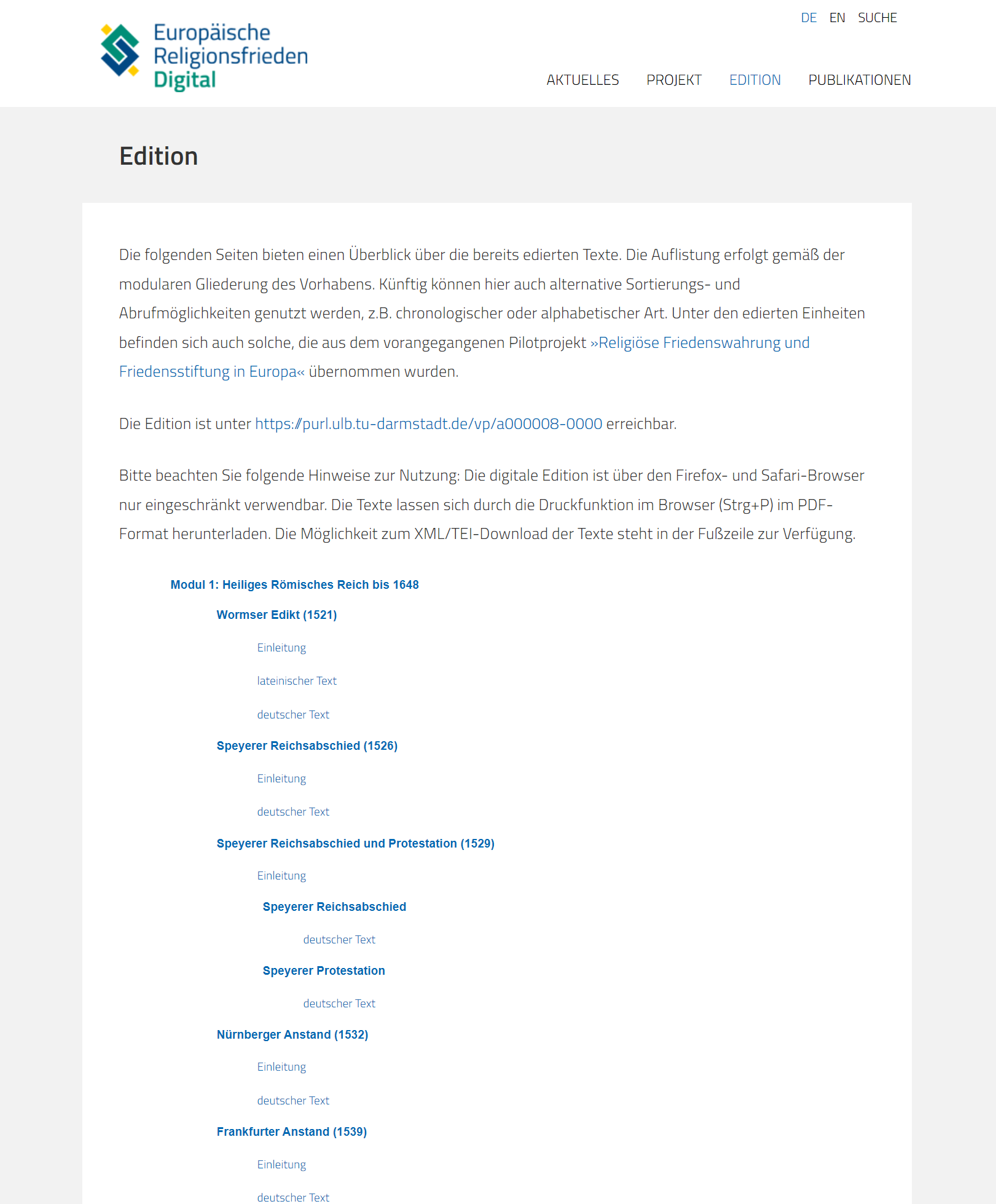 Screenshot der Übersichtsseite der Edition. URL: https://eured.de/edition/. Stand: 18.01.2023.