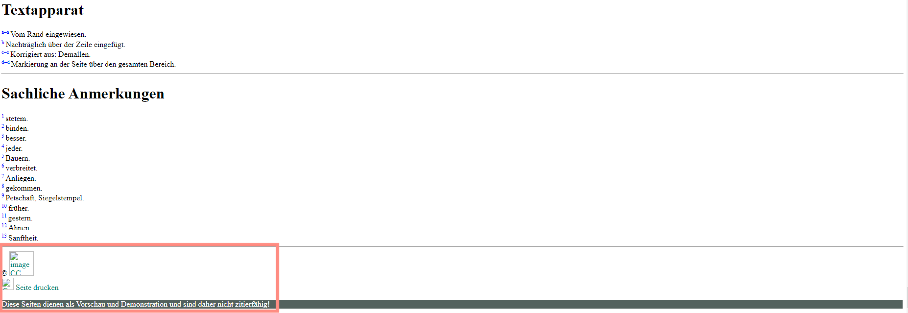 Screenshot der Fußzeile einer noch nicht abgeschlossenen Editionsseite. URL: https://purl.ulb.tu-darmstadt.de/vp/a000008-0304. Stand: 18.01.2023. Die rote Markierung wurde durch die Reviewer erstellt.