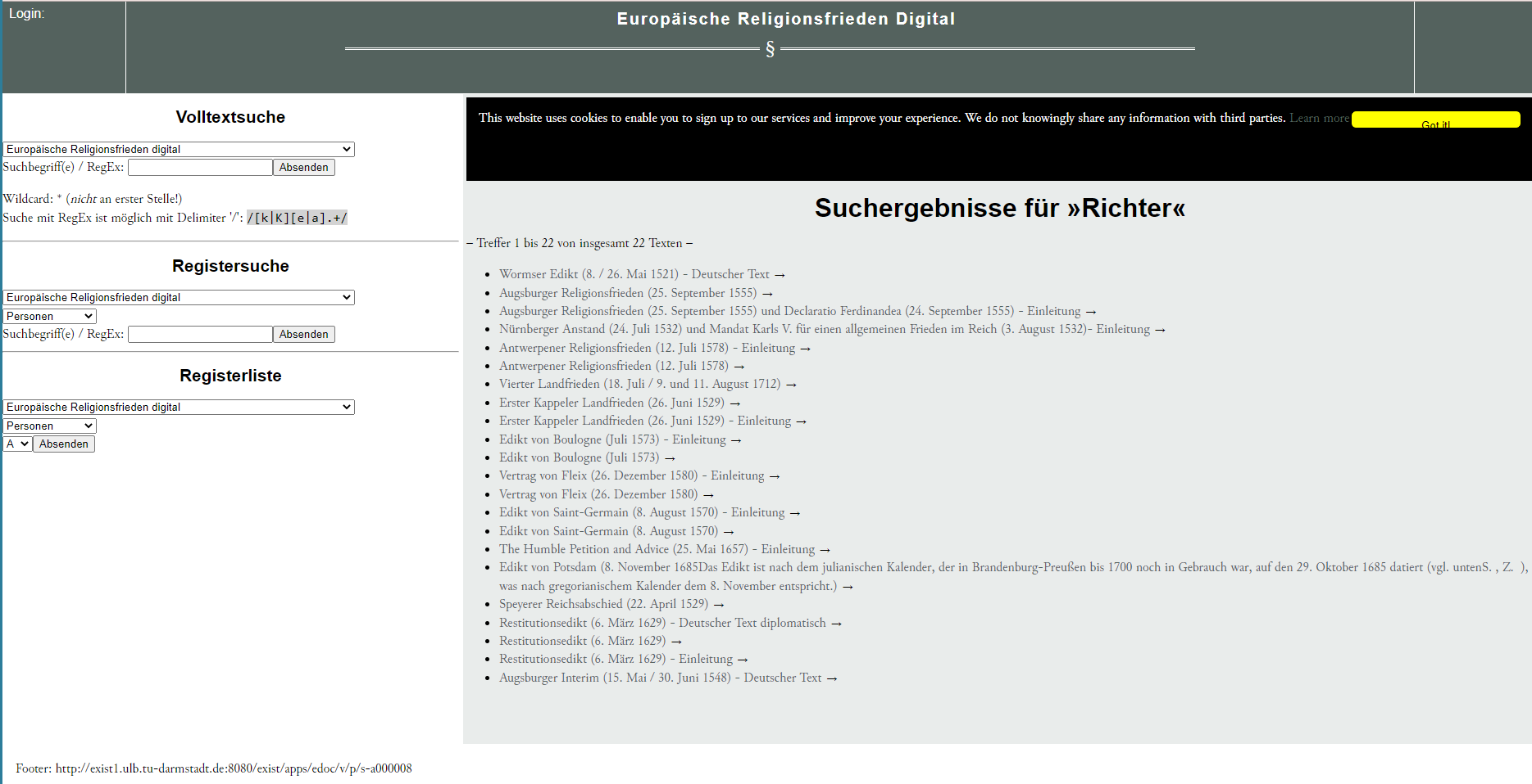 Screenshot der Suchansicht mit Abfrage für „Richter“. URL: https://purl.ulb.tu-darmstadt.de/vp/s-a000008?q=Richter&p={%22job%22:%20%22fts%22}. Stand: 18.01.2023.