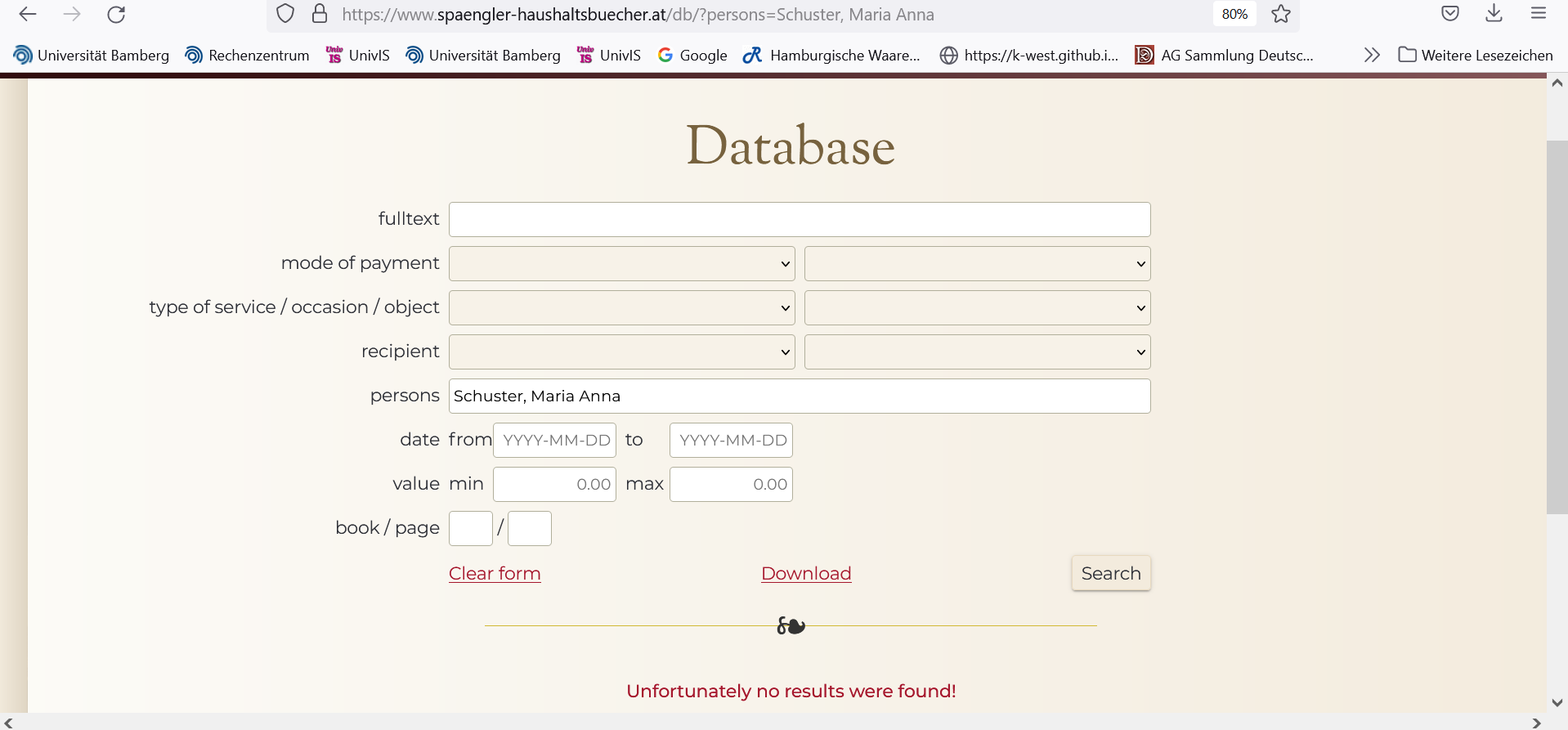 Query result for ‘Schuster, Maria Anna’, a person with a biographical entry in the ‘Persons’ section, but no corresponding entries in the database.