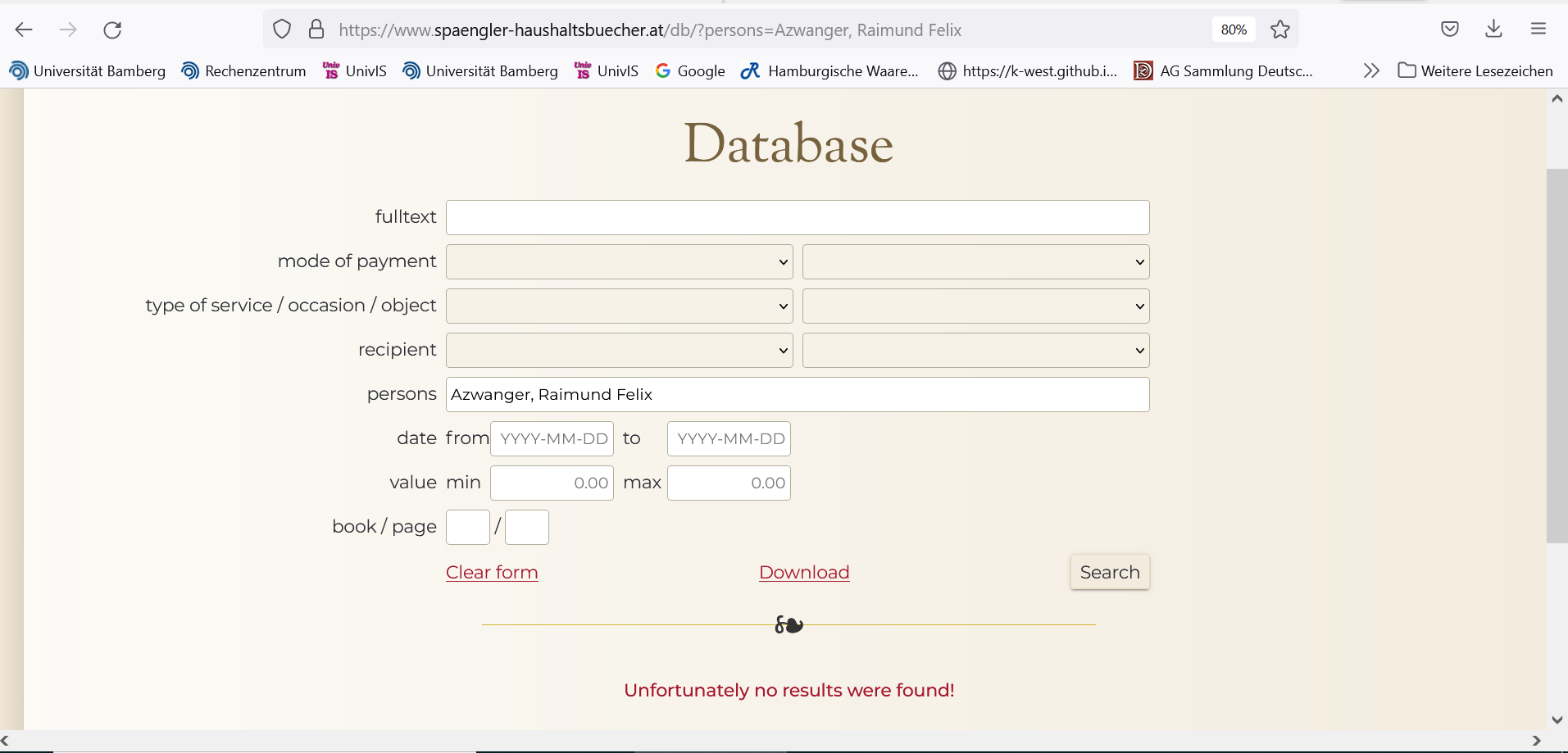 Query result for ‘Azwanger, Raimund Felix’, a person with biographical entry in the ‘Persons’ section, but no corresponding entries in the database.
