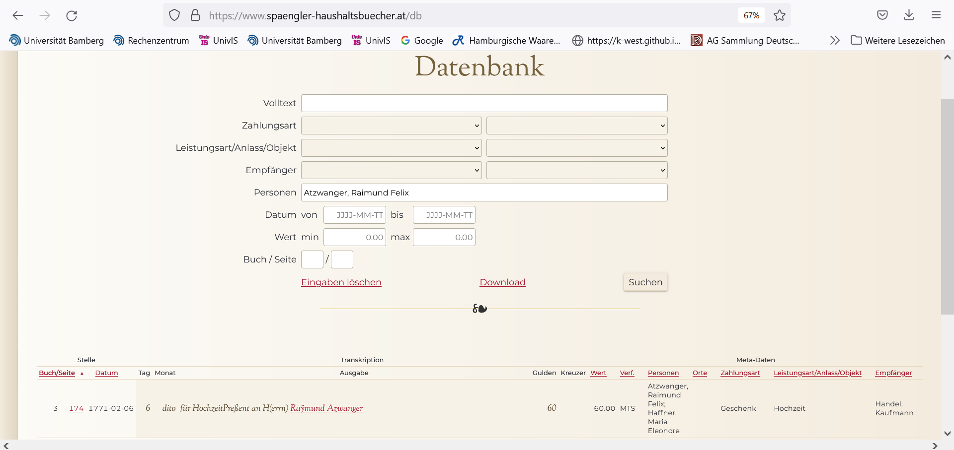 Query result for ‘Atzwanger, Raimund Felix’, a person with inconsistent metadata in the database.