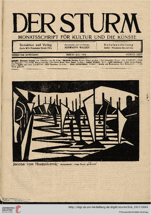 Titelseite Der Sturm – Monatsschrift für Kultur und die Künste, Juli 1916, Universitätsbibliothek Heidelberg.