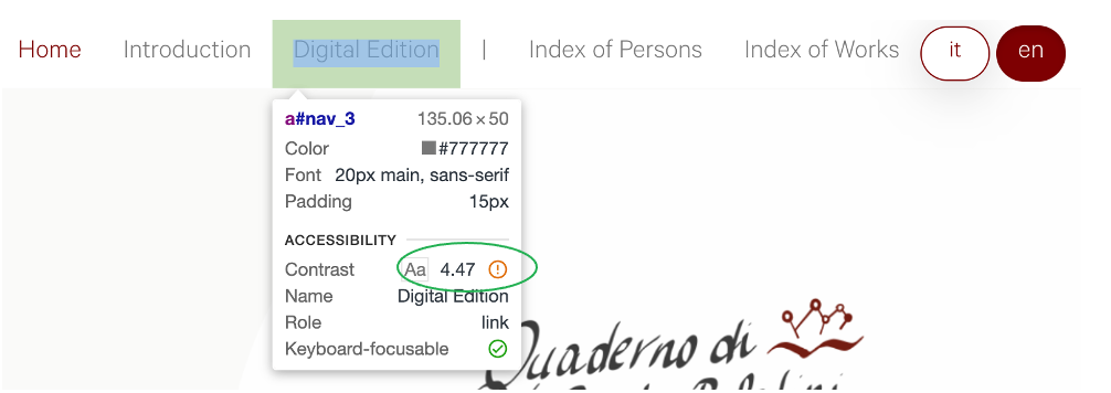 Inspection of the contrast value for a nav button; screenshot.