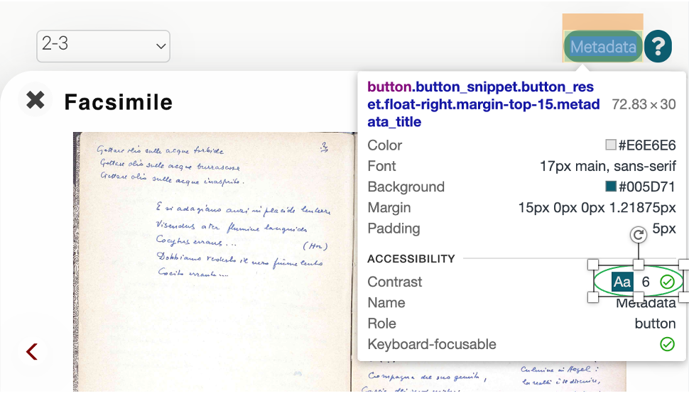 Inspection of the contrast value for a button with a colored background; screenshot.