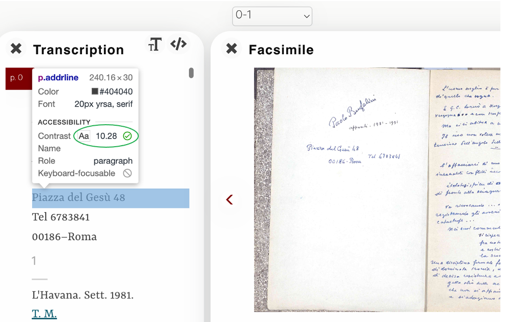 Inspection of the contrast value for a piece of transcript text; screenshot.