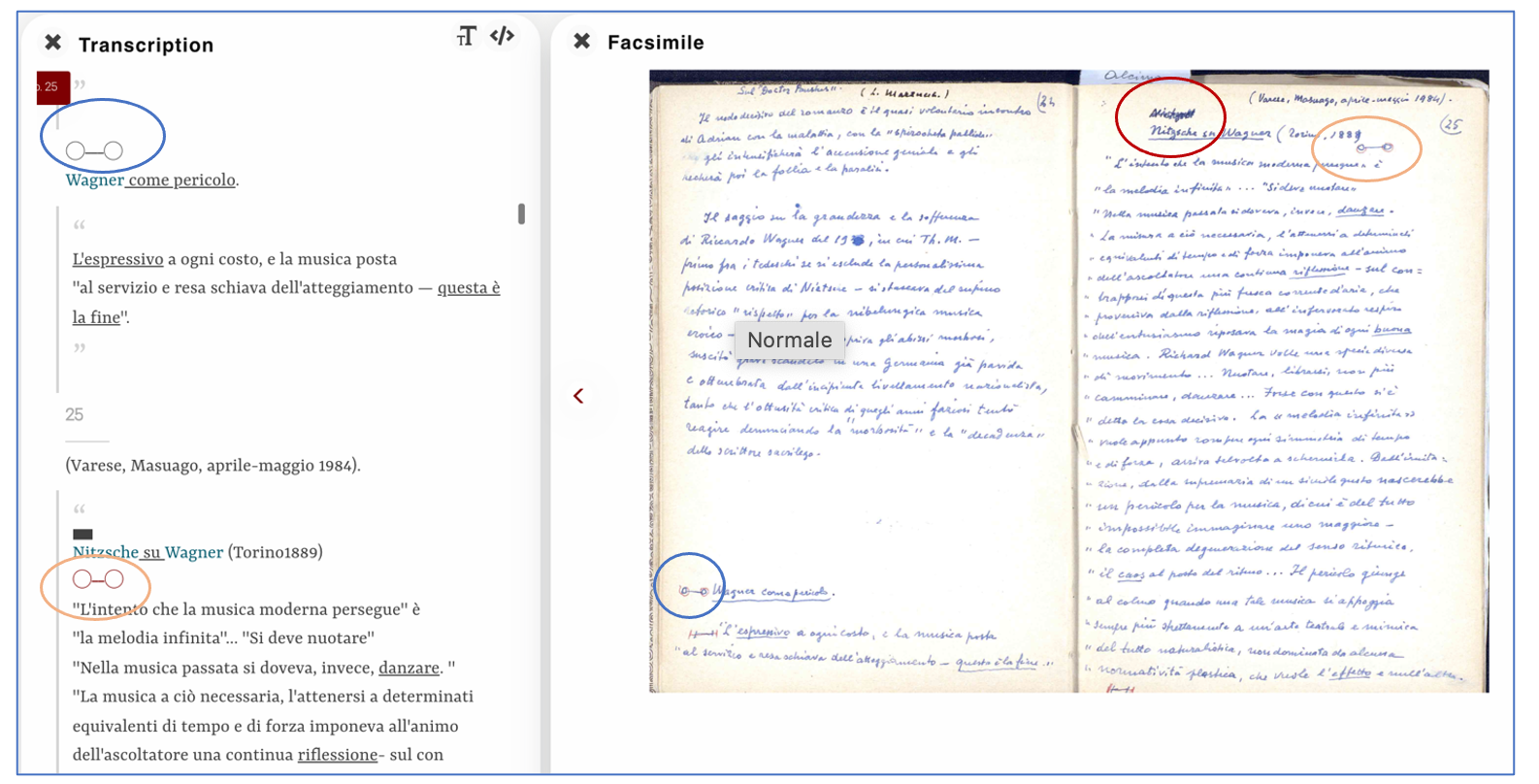 Transcription and facsimile of pages 24-25; screenshot.