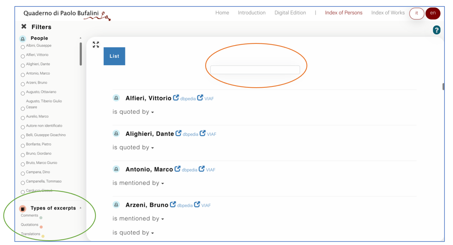 Index of Persons window; screenshot.