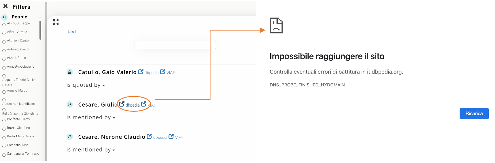 Errors in DBpedia page links; screenshot.