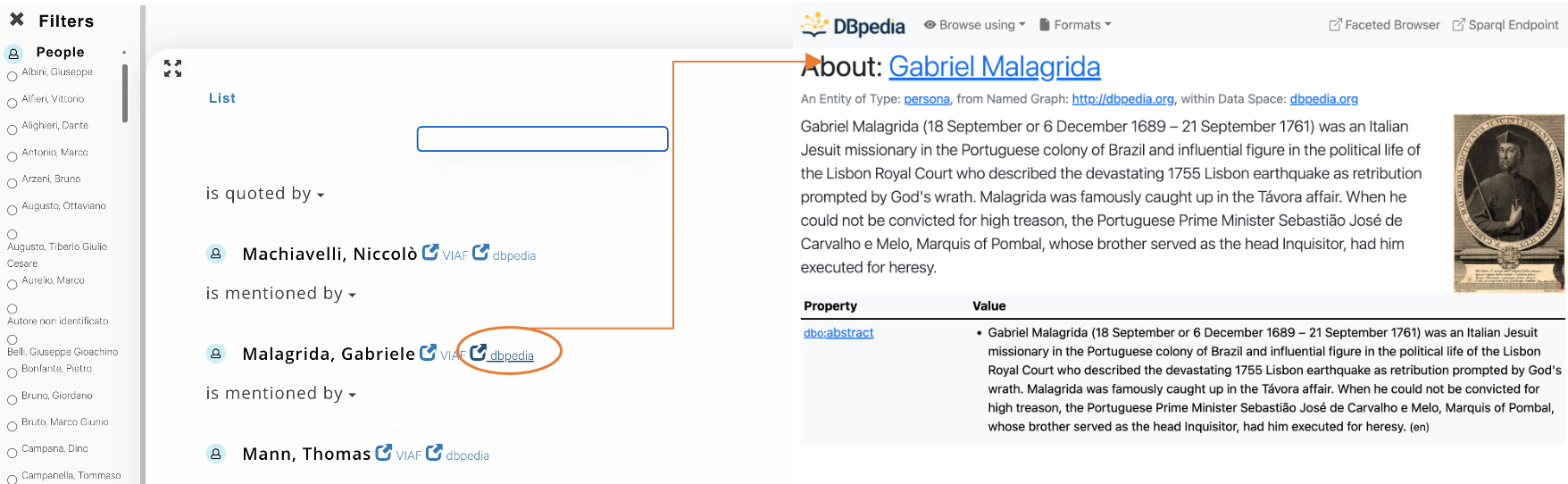 Working DBpedia page link to Gabriel Malagrida’s page; screenshot.