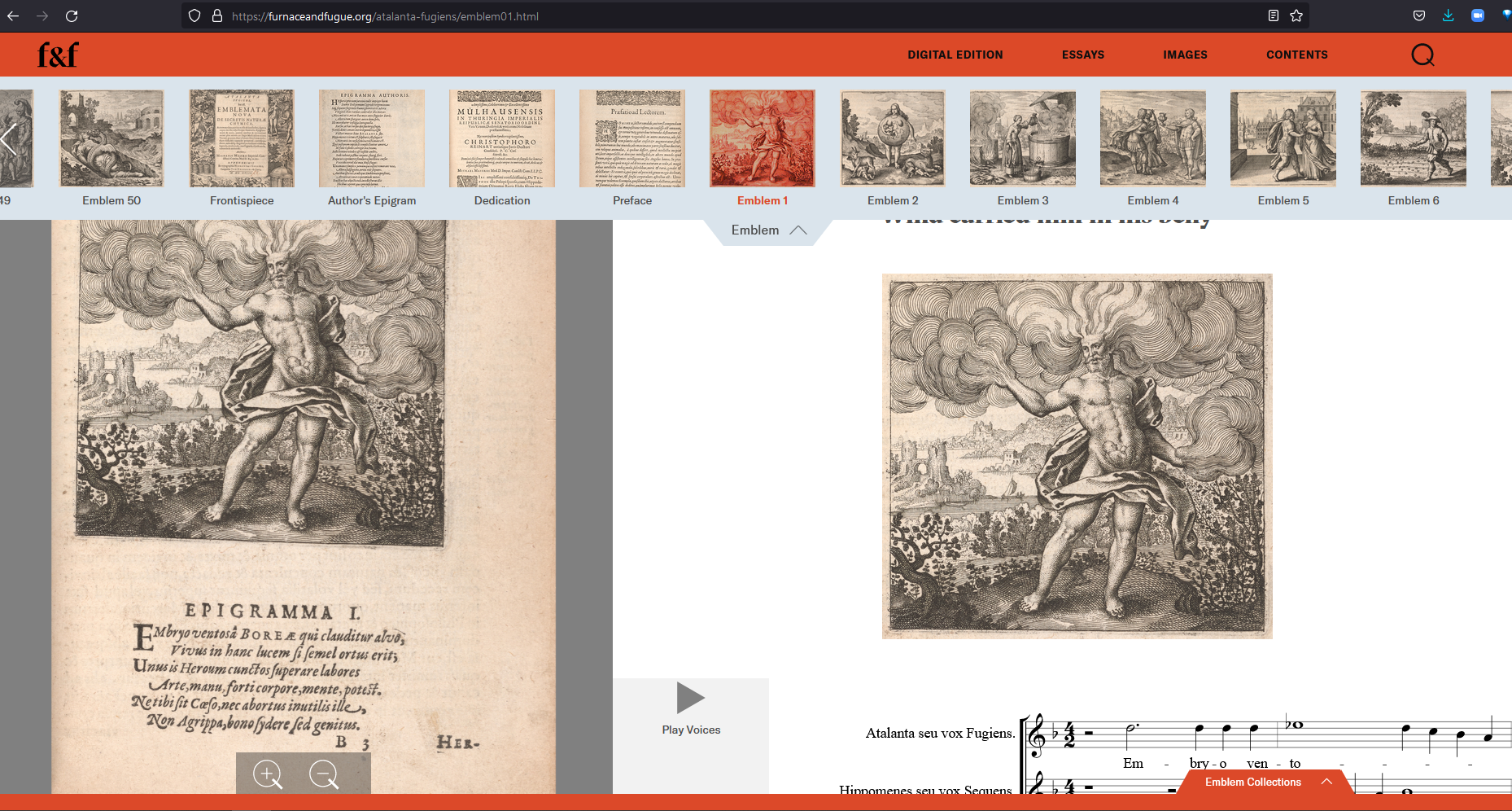Edition View of Emblem I with facsimile, text, emblem and the MEI music player.
