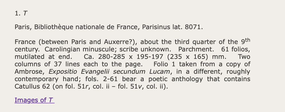Screenshot of the description of manuscript T.