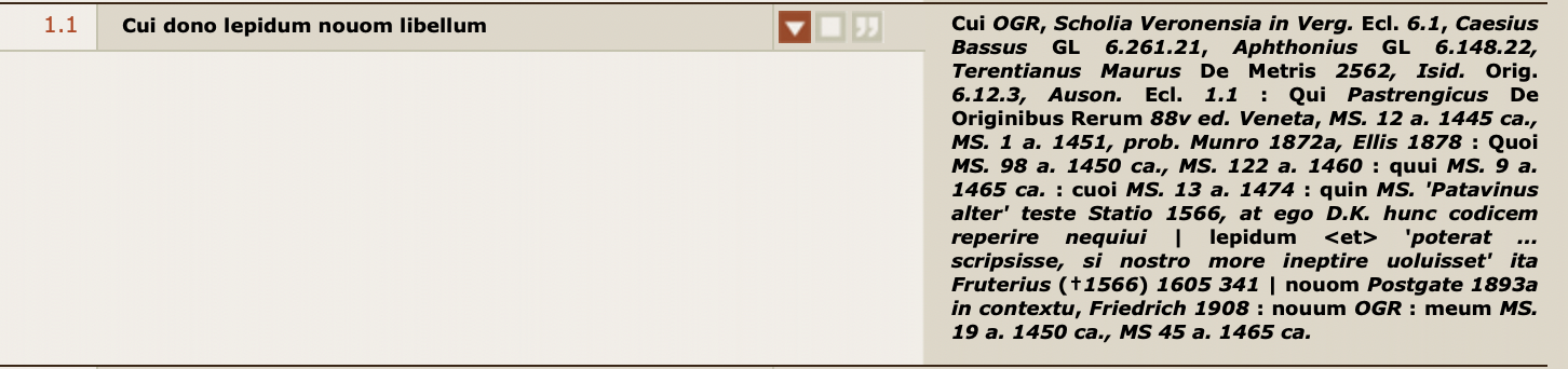 Screenshot of the apparatus of verse 1 (carmen 1).