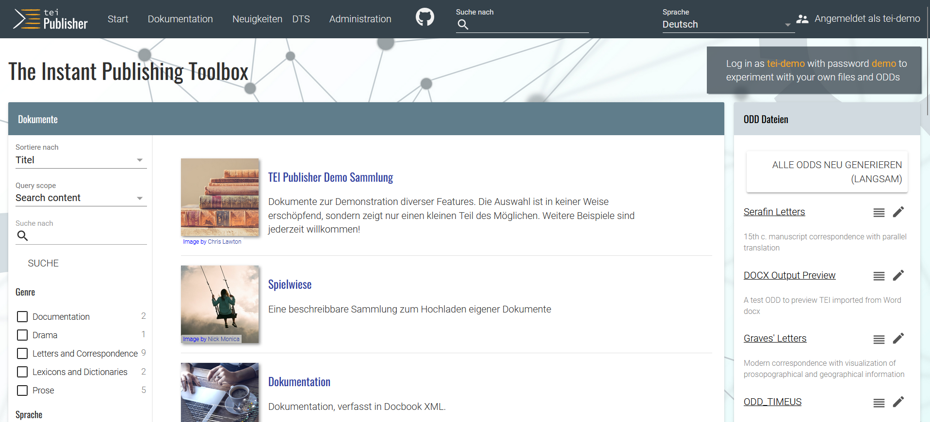Interface der Testinstanz des TEI Publisherunter Version 8.0.0.