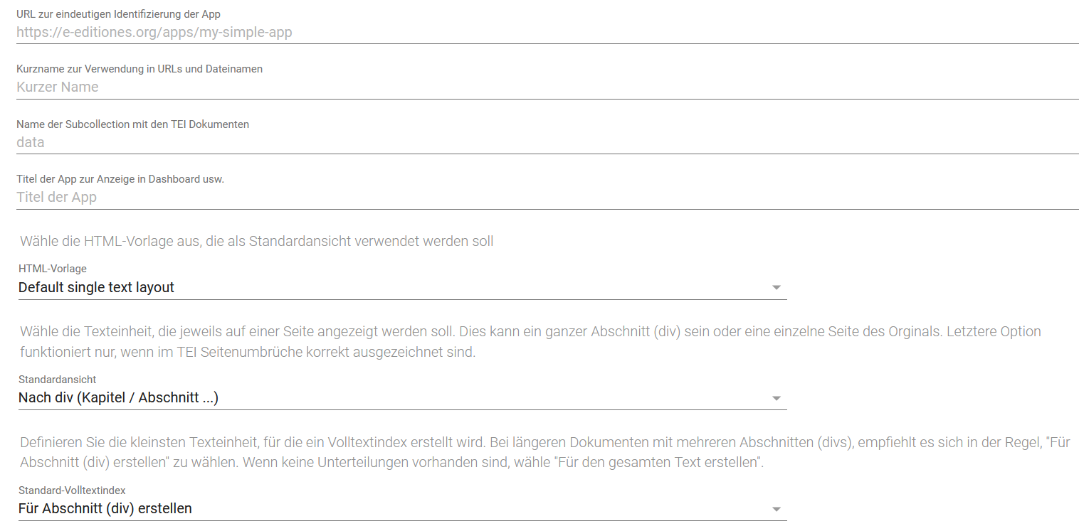 Erstellung einer eigenenTEI-Publisher-Applikation mit dem App-Generator.