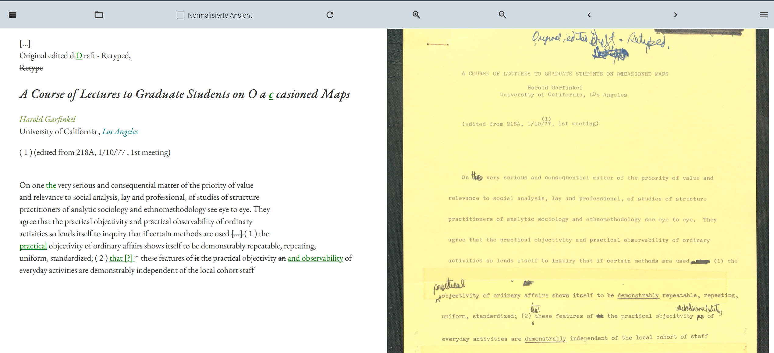 Synoptische Ansicht von Transkription und Faksimile eines Typoskripts.