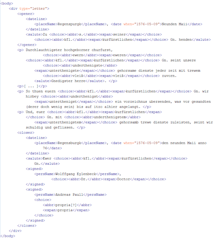 The letter to August von Sachsen encoded in TEI using ChatGPT (GPT-4o). The entire second paragraph was left out in order to fit the beginning and end on the picture.