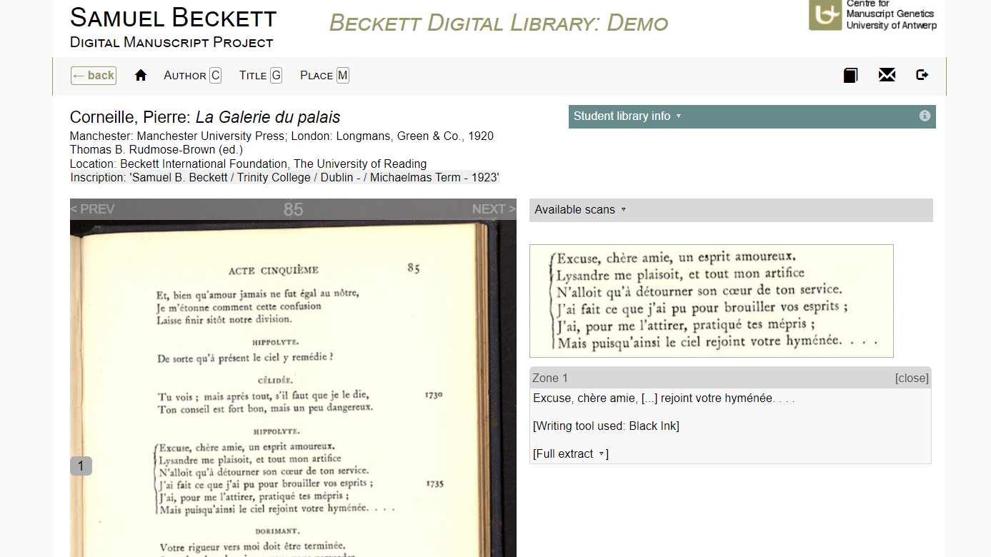 An example of an annotation display of a document from the Beckett Digital Library.