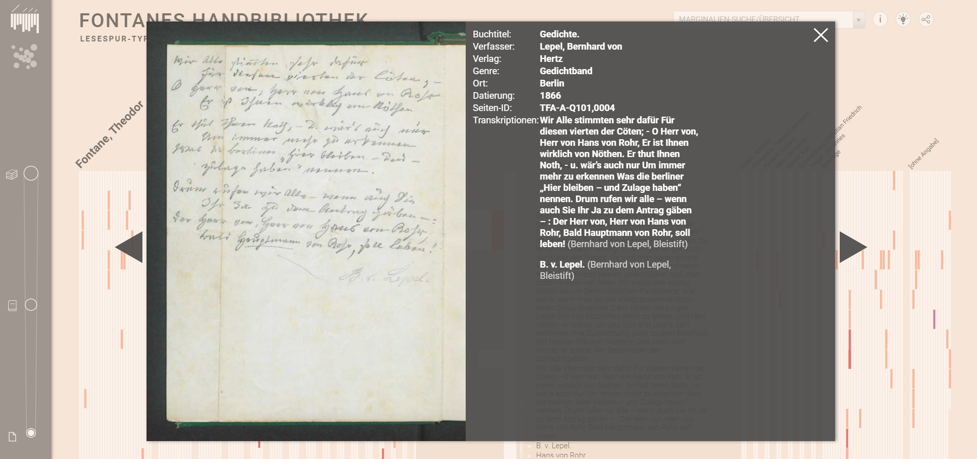 The facsimile visualization of a page with marginalia on the Fontanes Handbibliothek website.