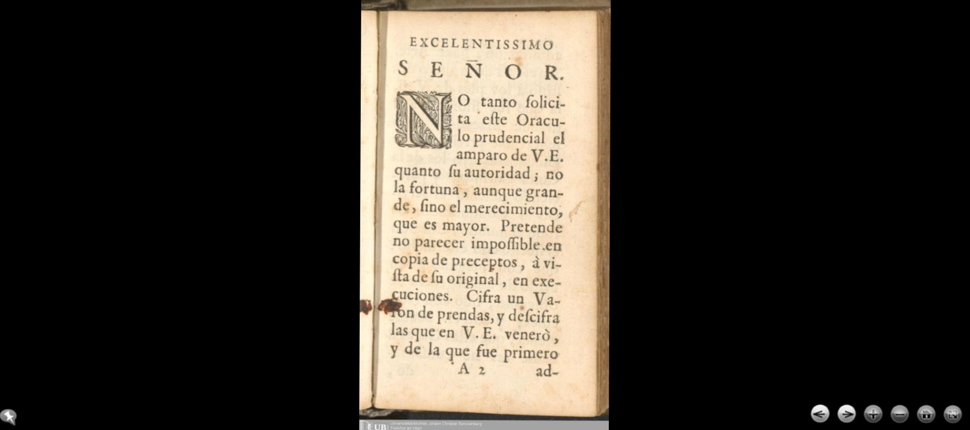 The facsimile as it appears in full screen. On the lower left corner, the button for keeping the position fixed while scrolling; on the lower right corner the two positional arrows, the zoom regulator, the button to return to the homepage, and the button to exit the full screen.