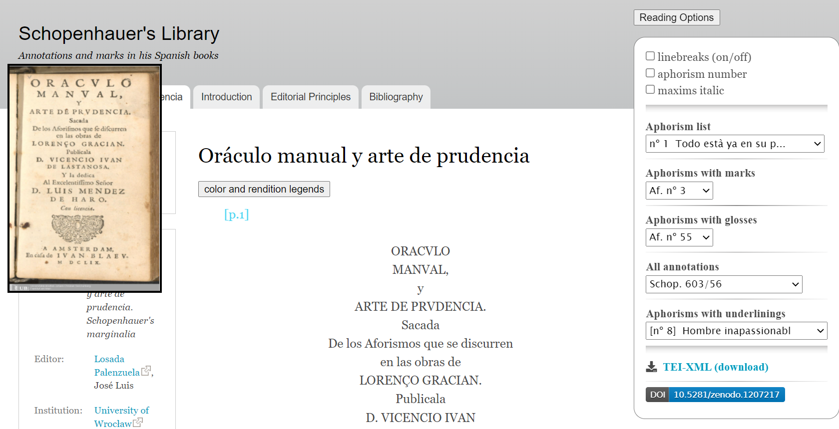 On the left is the facsimile of the first page of the book, obtained by hovering over the page number, i.e. [p. 1]. On the right the Reading Options window is displayed.