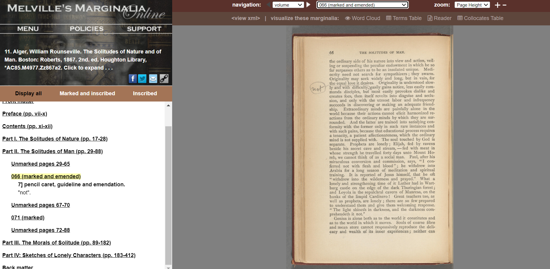 An example of the facsimile representation of a page with annotations and marginalia made by Melville.