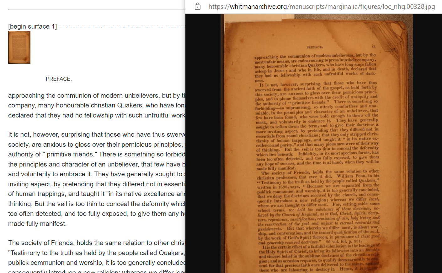 Comparison between the facsimile representation and the documentary edition in The Walt Whitman’s Archive.