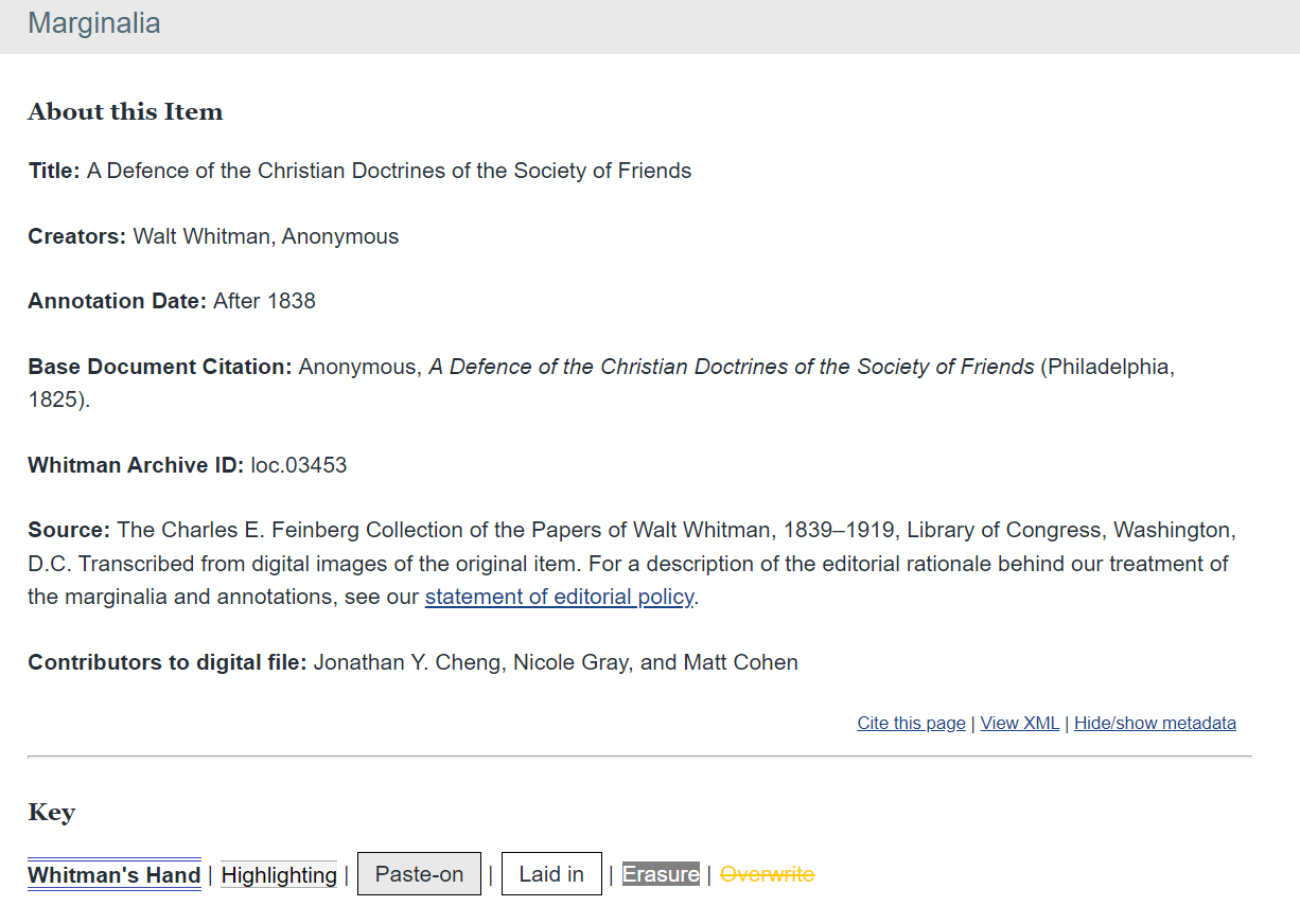 Metadata related to the book A Defence of the Christian Doctrines of the Society of Friends held by Whitman with the legend of the representation of the marginalia.