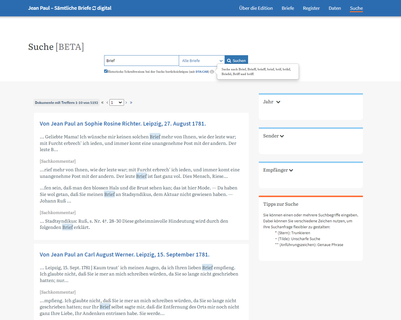 Beta-Version der Suche.