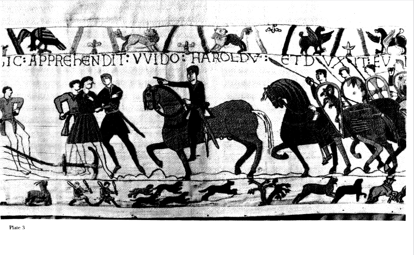 A traditional edition of the Bayeux Tapestry (here, Gameson 1997). To render the details, the embroidery is segmented into different plates.