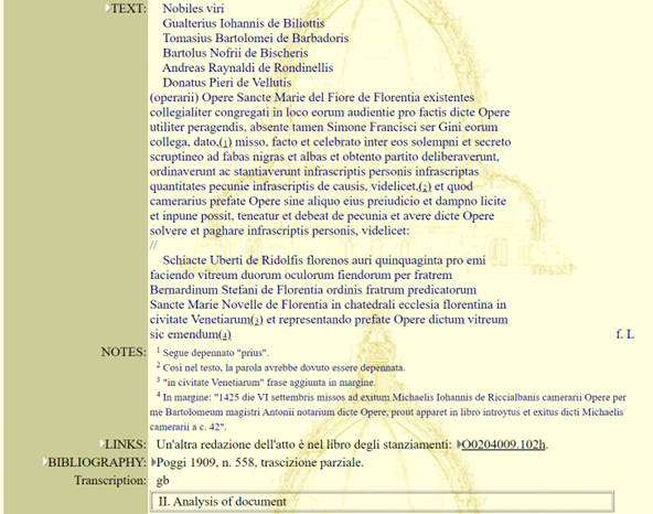 The transcription of the record o0201086.049b, with editorial annotations in the “NOTES”.