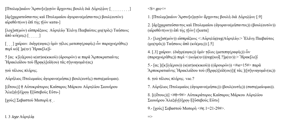 The edition of P.Gen. IV 165 according to the Leiden (left) and Leiden+ (right) conventions.