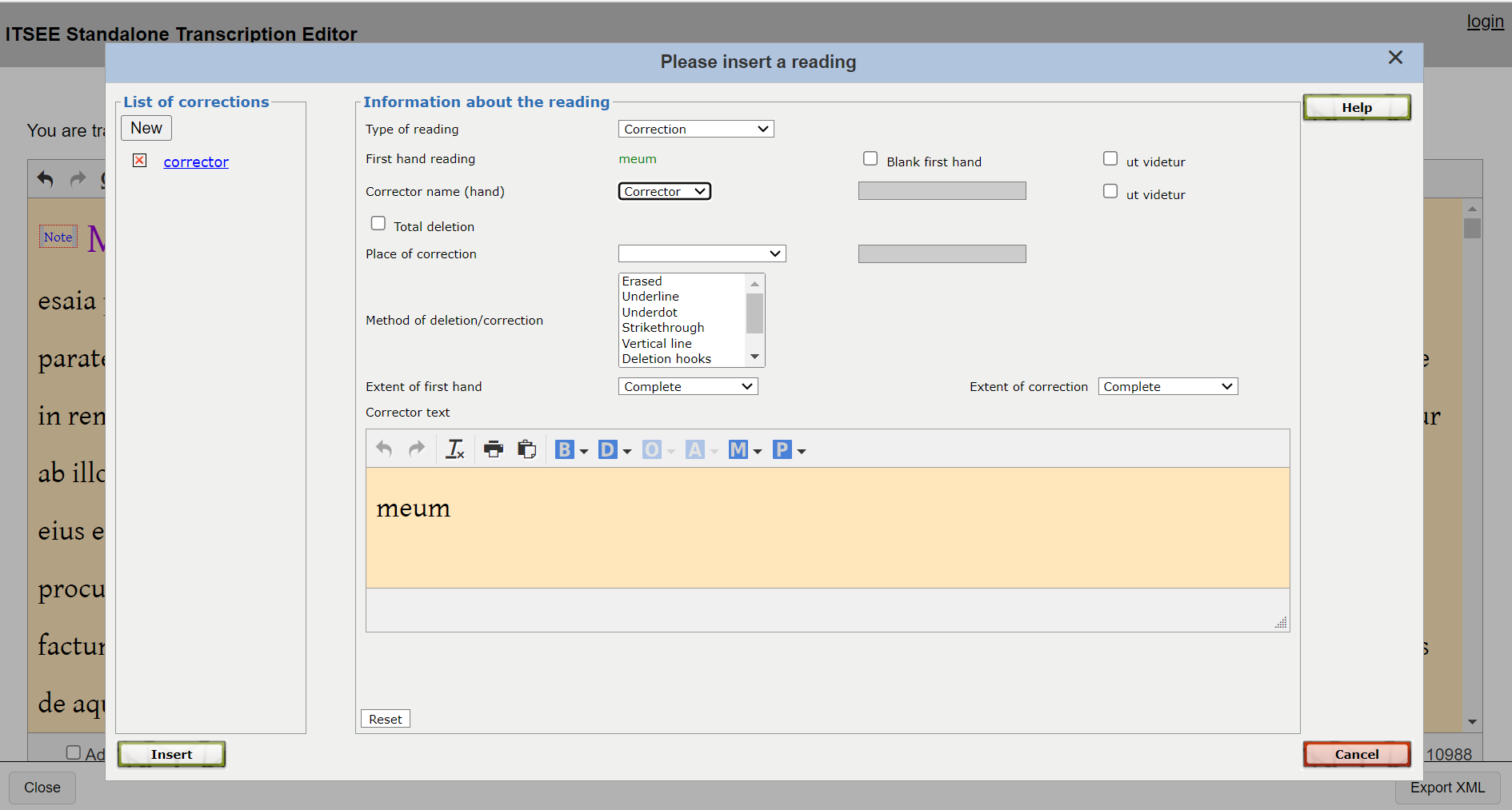 The Transcription Editor and the “insert a reading” popup window.