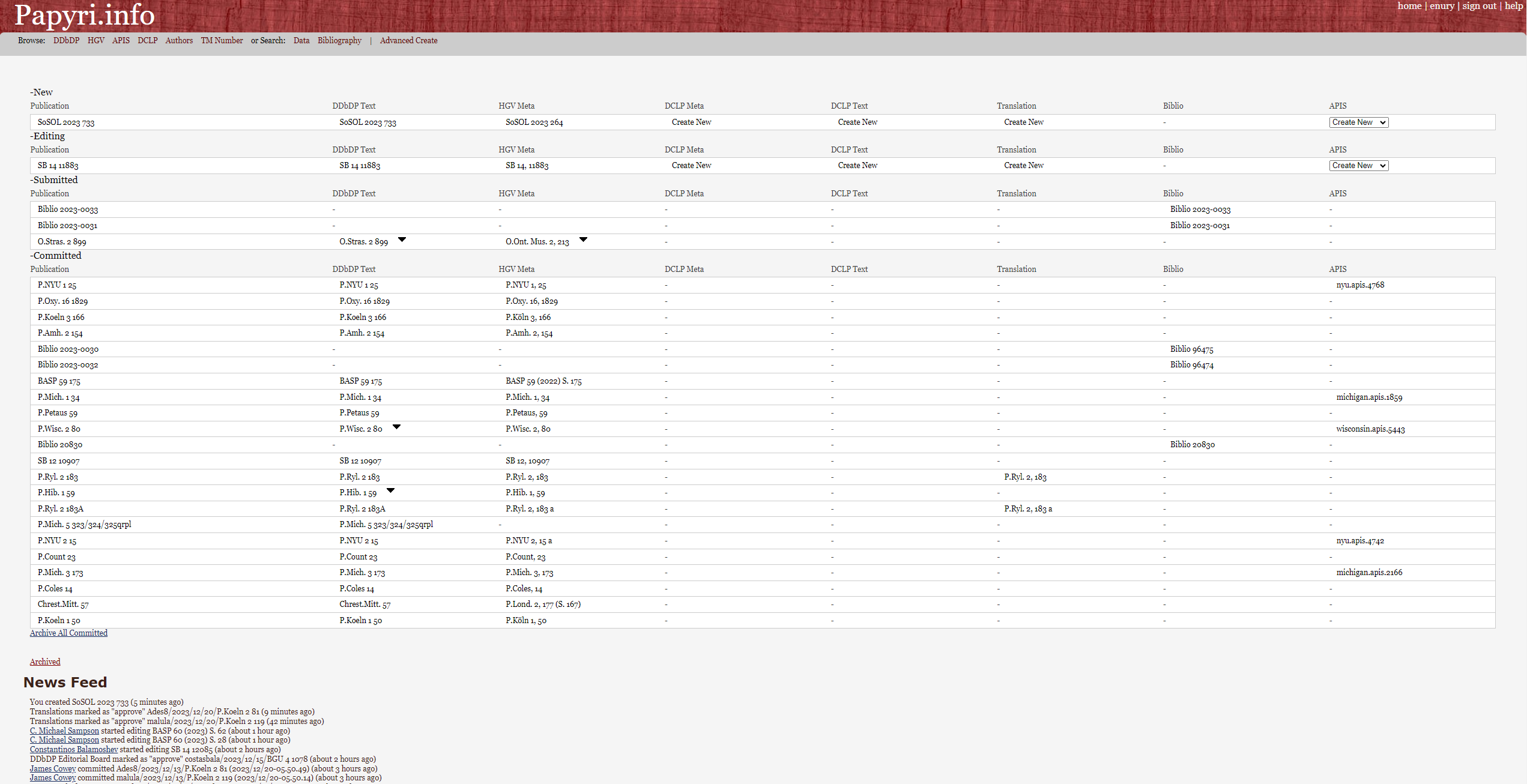 The home dashboard of the Papyrological Editor.