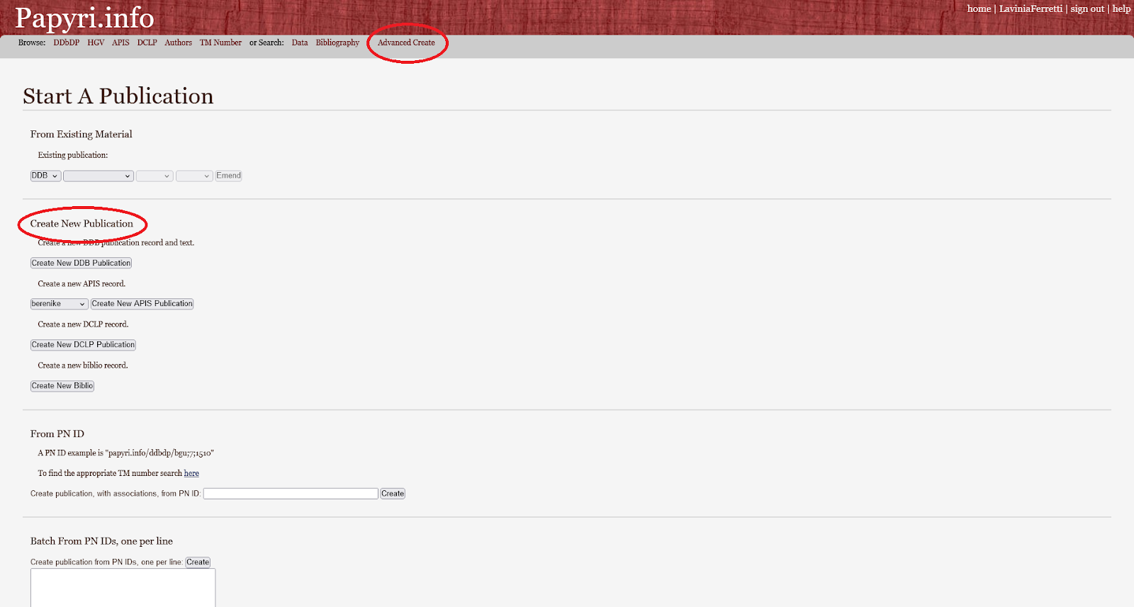 The “advanced create” and the “create new publication”.