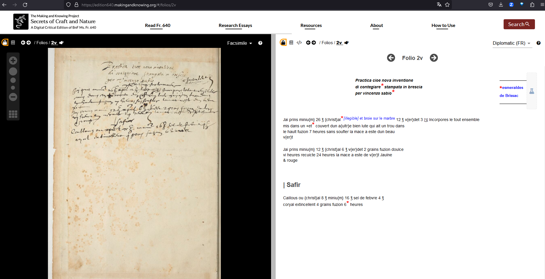 Edition view showing some laboratory notes. The left pane presents the facsimile, while the right pane displays the diplomatic French transcription.