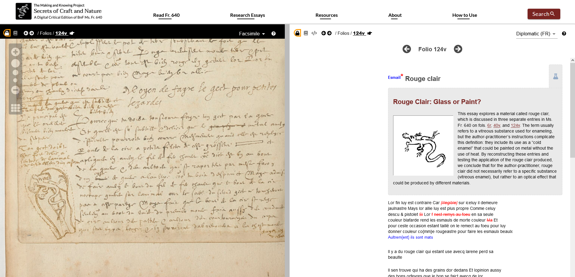 The same folio as the previous image, showing what happens when the small beaker icon is clicked. The icon links to a research essay on rouge clair, a material discussed in three manuscript entries that was replicated and tested. The link shows a preview of the essay’s findings and allows navigating to the essay itself.
